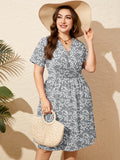 SHOWMALL Women's Plus Size Casual Summer Dress with Pockets, Crossover V Neck Beach Party Dress, Soft Breathable High Waist Sun Dress