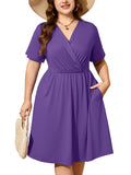 SHOWMALL Women's Plus Size Casual Summer Dress with Pockets, Crossover V Neck Beach Party Dress, Soft Breathable High Waist Sun Dress