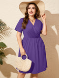 SHOWMALL Women's Plus Size Casual Summer Dress with Pockets, Crossover V Neck Beach Party Dress, Soft Breathable High Waist Sun Dress