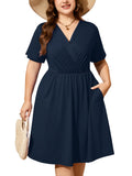 SHOWMALL Women's Plus Size Casual Summer Dress with Pockets, Crossover V Neck Beach Party Dress, Soft Breathable High Waist Sun Dress