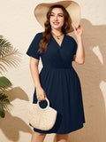 SHOWMALL Women's Plus Size Casual Summer Dress with Pockets, Crossover V Neck Beach Party Dress, Soft Breathable High Waist Sun Dress