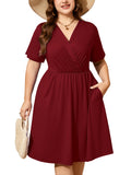 SHOWMALL Women's Plus Size Casual Summer Dress with Pockets, Crossover V Neck Beach Party Dress, Soft Breathable High Waist Sun Dress