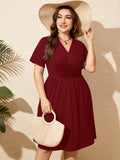 SHOWMALL Women's Plus Size Casual Summer Dress with Pockets, Crossover V Neck Beach Party Dress, Soft Breathable High Waist Sun Dress