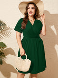 SHOWMALL Women's Plus Size Casual Summer Dress with Pockets, Crossover V Neck Beach Party Dress, Soft Breathable High Waist Sun Dress