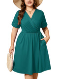 SHOWMALL Women's Plus Size Casual Summer Dress with Pockets, Crossover V Neck Beach Party Dress, Soft Breathable High Waist Sun Dress