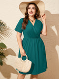 SHOWMALL Women's Plus Size Casual Summer Dress with Pockets, Crossover V Neck Beach Party Dress, Soft Breathable High Waist Sun Dress