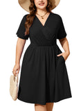 SHOWMALL Women's Plus Size Casual Summer Dress with Pockets, Crossover V Neck Beach Party Dress, Soft Breathable High Waist Sun Dress