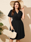 SHOWMALL Women's Plus Size Casual Summer Dress with Pockets, Crossover V Neck Beach Party Dress, Soft Breathable High Waist Sun Dress
