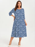 SHOWMALL 3/4 Sleeve Floral Dress for Women Plus Size,  A-Line Midi Dress with Pockets, Casual Fall Wedding Guest Dress