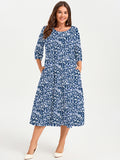 SHOWMALL 3/4 Sleeve Floral Dress for Women Plus Size,  A-Line Midi Dress with Pockets, Casual Fall Wedding Guest Dress