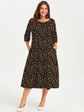 SHOWMALL 3/4 Sleeve Floral Dress for Women Plus Size,  A-Line Midi Dress with Pockets, Casual Fall Wedding Guest Dress