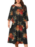SHOWMALL 3/4 Sleeve Floral Dress for Women Plus Size,  A-Line Midi Dress with Pockets, Casual Fall Wedding Guest Dress