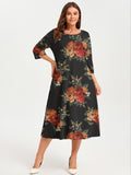 SHOWMALL 3/4 Sleeve Floral Dress for Women Plus Size,  A-Line Midi Dress with Pockets, Casual Fall Wedding Guest Dress