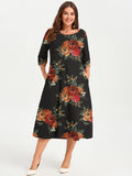 SHOWMALL 3/4 Sleeve Floral Dress for Women Plus Size,  A-Line Midi Dress with Pockets, Casual Fall Wedding Guest Dress
