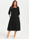 SHOWMALL 3/4 Sleeve Floral Dress for Women Plus Size,  A-Line Midi Dress with Pockets, Casual Fall Wedding Guest Dress