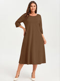 SHOWMALL 3/4 Sleeve Floral Dress for Women Plus Size,  A-Line Midi Dress with Pockets, Casual Fall Wedding Guest Dress