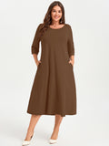 SHOWMALL 3/4 Sleeve Floral Dress for Women Plus Size,  A-Line Midi Dress with Pockets, Casual Fall Wedding Guest Dress