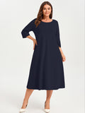 SHOWMALL 3/4 Sleeve Floral Dress for Women Plus Size,  A-Line Midi Dress with Pockets, Casual Fall Wedding Guest Dress