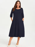 SHOWMALL 3/4 Sleeve Floral Dress for Women Plus Size,  A-Line Midi Dress with Pockets, Casual Fall Wedding Guest Dress