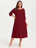 SHOWMALL 3/4 Sleeve Floral Dress for Women Plus Size,  A-Line Midi Dress with Pockets, Casual Fall Wedding Guest Dress