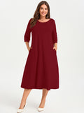 SHOWMALL 3/4 Sleeve Floral Dress for Women Plus Size,  A-Line Midi Dress with Pockets, Casual Fall Wedding Guest Dress
