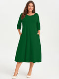 SHOWMALL 3/4 Sleeve Floral Dress for Women Plus Size,  A-Line Midi Dress with Pockets, Casual Fall Wedding Guest Dress