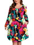 SHOWMALL Women's Plus Size Midi Dress Long Sleeves with Pockets, Swing A-Line, Soft & Breathable, Everyday Knee Length
