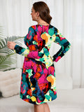 SHOWMALL Women's Plus Size Midi Dress Long Sleeves with Pockets, Swing A-Line, Soft & Breathable, Everyday Knee Length