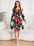 SHOWMALL Women's Plus Size Midi Dress Long Sleeves with Pockets, Swing A-Line, Soft & Breathable, Everyday Knee Length