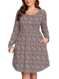 SHOWMALL Women's Plus Size Midi Dress Long Sleeves with Pockets, Swing A-Line, Soft & Breathable, Everyday Knee Length