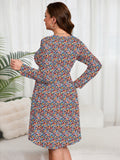 SHOWMALL Women's Plus Size Midi Dress Long Sleeves with Pockets, Swing A-Line, Soft & Breathable, Everyday Knee Length