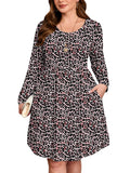 SHOWMALL Women's Plus Size Midi Dress Long Sleeves with Pockets, Swing A-Line, Soft & Breathable, Everyday Knee Length