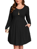 SHOWMALL Women's Plus Size Midi Dress Long Sleeves with Pockets, Swing A-Line, Soft & Breathable, Everyday Knee Length