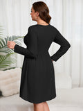 SHOWMALL Women's Plus Size Midi Dress Long Sleeves with Pockets, Swing A-Line, Soft & Breathable, Everyday Knee Length