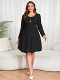 SHOWMALL Women's Plus Size Midi Dress Long Sleeves with Pockets, Swing A-Line, Soft & Breathable, Everyday Knee Length