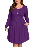 SHOWMALL Women's Plus Size Midi Dress Long Sleeves with Pockets, Swing A-Line, Soft & Breathable, Everyday Knee Length