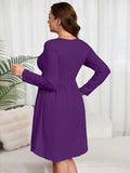 SHOWMALL Women's Plus Size Midi Dress Long Sleeves with Pockets, Swing A-Line, Soft & Breathable, Everyday Knee Length