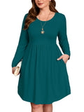 SHOWMALL Women's Plus Size Midi Dress Long Sleeves with Pockets, Swing A-Line, Soft & Breathable, Everyday Knee Length
