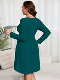 SHOWMALL Women's Plus Size Midi Dress Long Sleeves with Pockets, Swing A-Line, Soft & Breathable, Everyday Knee Length
