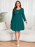 SHOWMALL Women's Plus Size Midi Dress Long Sleeves with Pockets, Swing A-Line, Soft & Breathable, Everyday Knee Length