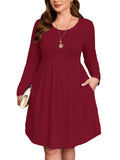 SHOWMALL Women's Plus Size Midi Dress Long Sleeves with Pockets, Swing A-Line, Soft & Breathable, Everyday Knee Length