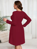 SHOWMALL Women's Plus Size Midi Dress Long Sleeves with Pockets, Swing A-Line, Soft & Breathable, Everyday Knee Length