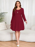 SHOWMALL Women's Plus Size Midi Dress Long Sleeves with Pockets, Swing A-Line, Soft & Breathable, Everyday Knee Length