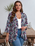 Plus Open Front Lightweight Cardigan 3/4 Sleeves Pleated Ruffles Hemline