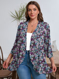 Plus Open Front Lightweight Cardigan 3/4 Sleeves Pleated Ruffles Hemline