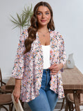 Plus Open Front Lightweight Cardigan 3/4 Sleeves Pleated Ruffles Hemline