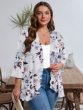 Plus Open Front Lightweight Cardigan 3/4 Sleeves Pleated Ruffles Hemline