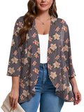 Plus Open Front Lightweight Cardigan 3/4 Sleeves Pleated Ruffles Hemline