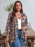 SHOWMALL Women's Plus Open Front Lightweight Cardigan 3/4 Sleeves Pleated Ruffles Hemline Shrugs