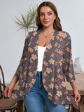 Plus Open Front Lightweight Cardigan 3/4 Sleeves Pleated Ruffles Hemline